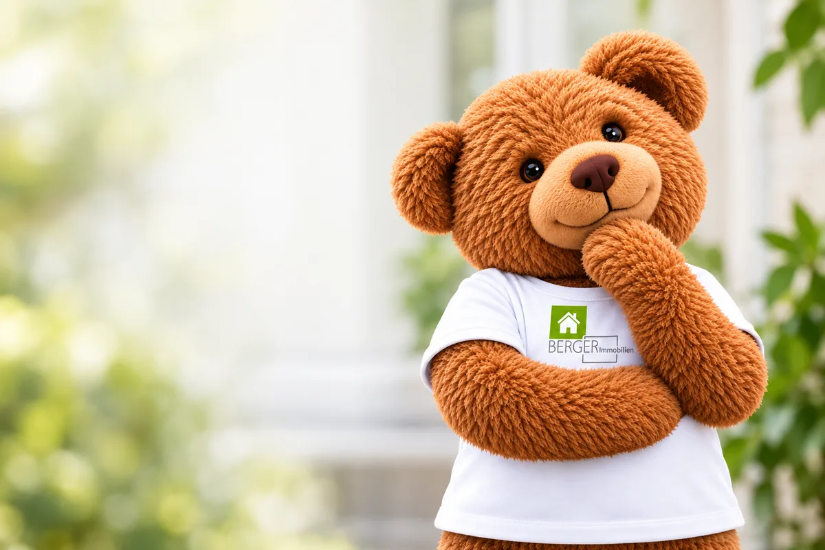 Der BERGER Bär im Firmen-Shirt, nachdenklich
