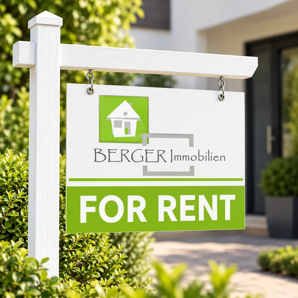 Schild „For Rent“ mit dem Logo von BERGER Immobilien vor einem Haus