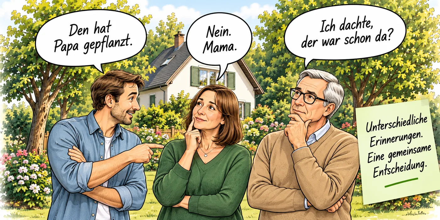 Comic: drei Geschwister vor dem Elternhaus. Den hat Papa gepflanzt. Nein, Mama. Ich dachte, der war schon da? Unterschiedliche Erinnerungen. Eine gemeinsame Entscheidung.