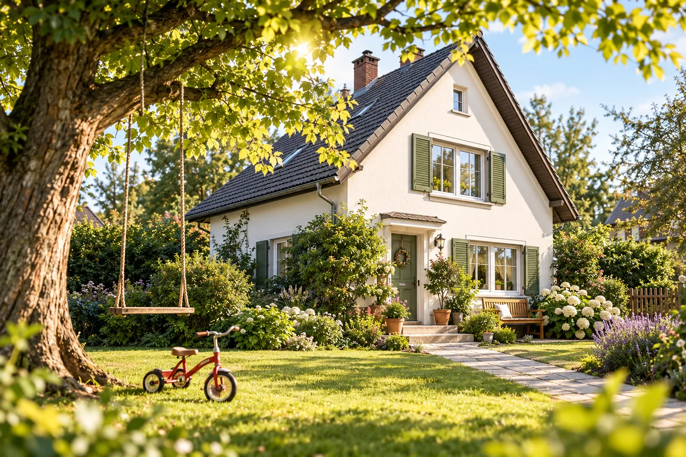 Kleines Haus mit Garten, Schaukel am Baum und rotem Dreirad
