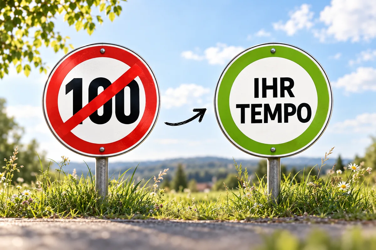 Zwei Schilder am Feldrand: 100 durchgestrichen, daneben grün: IHR TEMPO