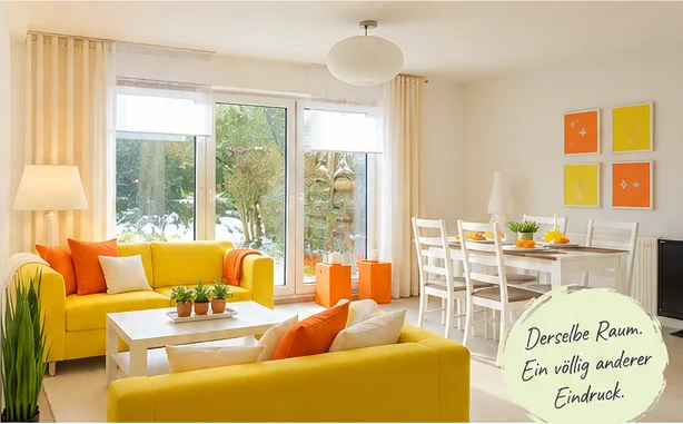 Gestagtes Wohnzimmer mit gelbem Sofa und Essplatz, dazu der Satz: Derselbe Raum. Ein völlig anderer Eindruck.