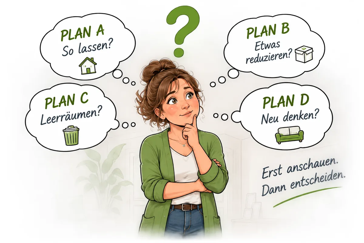 Comic: Eine Frau überlegt, was vor dem Verkauf mit der Einrichtung passieren soll. Plan A: So lassen? Plan B: Etwas reduzieren? Plan C: Leerräumen? Plan D: Neu denken? Dazu der Satz: Erst anschauen. Dann entscheiden.